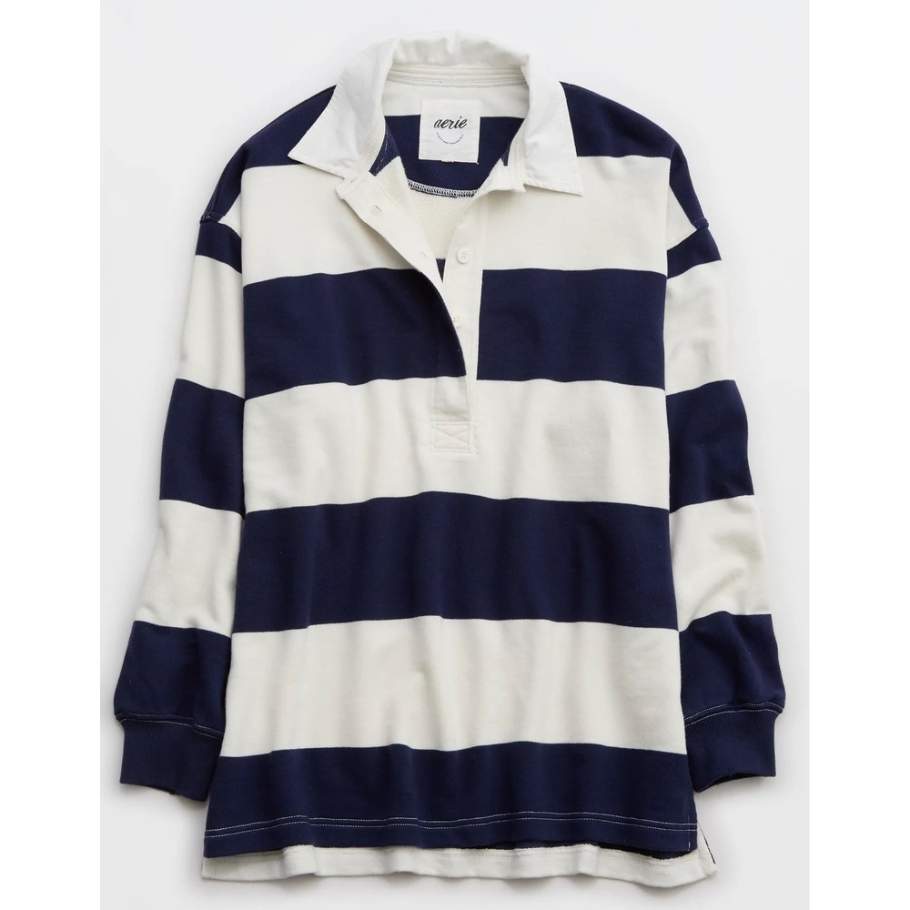 Aerie Striped Rugby Sweatshirt Womens S Navy Nautical  Oversized Prep Rally - Picture 3 of 16